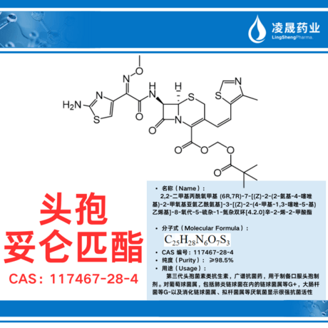 头孢妥仑匹酯（纯度： ≥98.5%）第三代头孢菌素类抗生素，广谱抗菌药，用于制备口服头孢制剂。对葡萄球菌属，包括肺炎链球菌在内的链球菌属等G+，大肠杆菌等G-以及消化链球菌属、拟杆菌属等厌氧菌显示很强抗菌活性