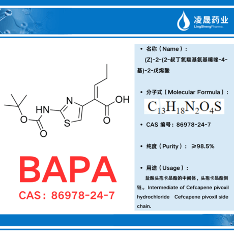 BAPA（纯度：≥98.5%）(Z)-2-(2-叔丁氧羰基氨基噻唑-4-基)-2-戊烯酸 盐酸头孢卡品酯的中间体，头孢卡品酯侧链