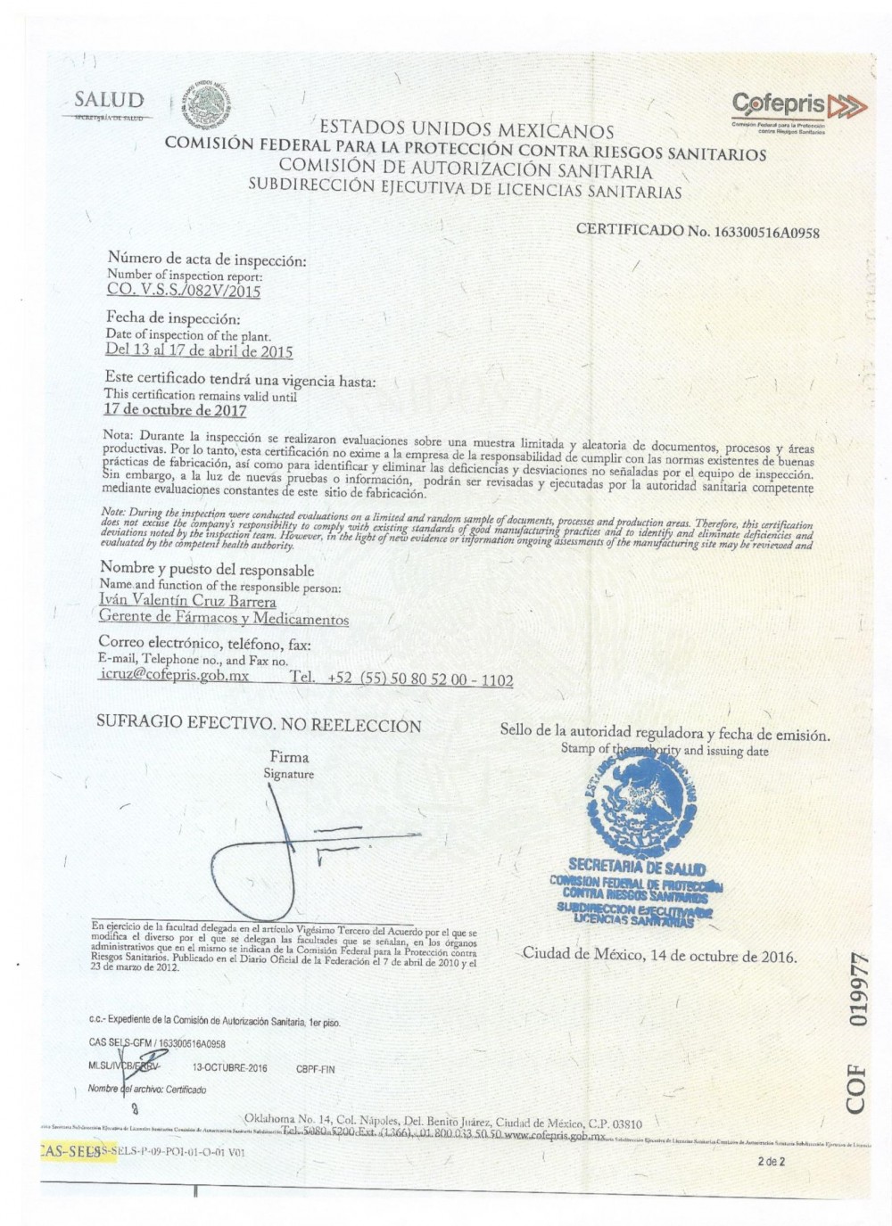Cofepris GMP Certificate
