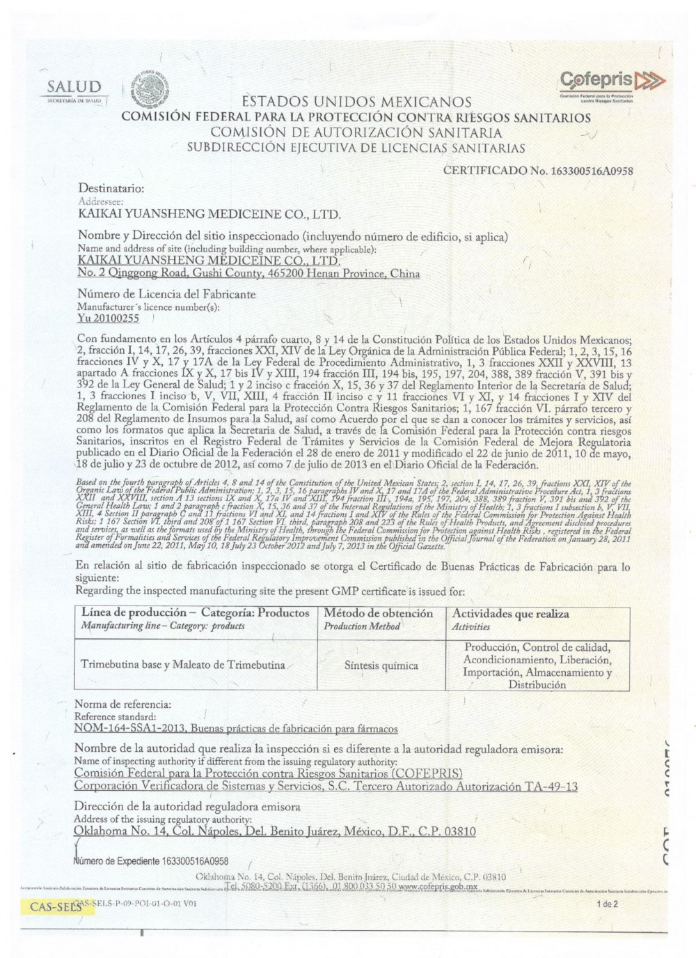 Cofepris GMP Certificate