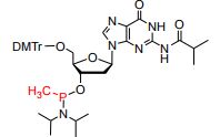 5’-DMTr-dG(iBu)-methyl phosphonamidite
N2-iso-Butyroyl-5’-O-DMTr-2’-deoxyguanosine-3’-O-(P-methyl-N,