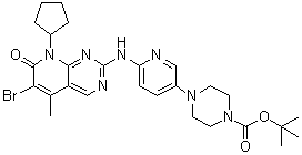 CAS 登录号：571188-82-4, 4-[6-[(6-溴-8-环戊基-7,8-二氢-5-甲基-7-氧代吡啶并[2,3-d]嘧啶-2-基)氨基]-3-吡啶基]-1-哌嗪羧酸叔丁酯