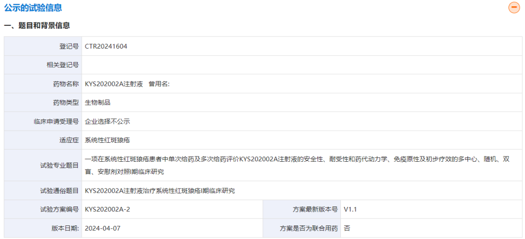 5月7日，據(jù)藥物臨床試驗(yàn)登記與信息公示平臺(tái)顯示，江蘇康緣藥業(yè)股份有限公司（以下簡(jiǎn)稱“康緣藥業(yè)”）登記了KYS202002A注射液的一項(xiàng)Ⅰ期臨床試驗(yàn)，針對(duì)系統(tǒng)性紅斑狼瘡。據(jù)公開資料顯示，KYS202002A是一款CD38單抗，屬于治療用生物制品1類新藥。