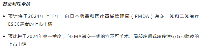 另外，替雷利珠单抗一线疗法治疗不可切除、复发、局部晚期或转移性ESCC患者的PDUFA日期为2024年7月。今年中国、日本、EMA等市场也可能有好消息传出。