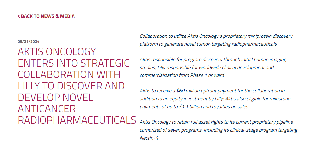根據(jù)協(xié)議條款，Aktis Oncology 將獲得 6000 萬美元的預付款，以及高達 11 億美元的里程碑付款和銷售版稅。