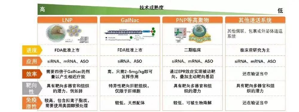 LNP（脂質(zhì)納米粒）和GalNac（N-乙酰半乳糖胺）是最成熟的遞送技術(shù)