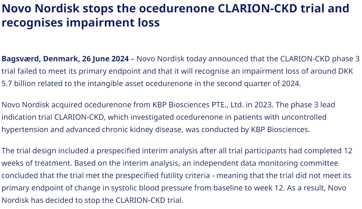 諾和諾德公布Ocedurenone治療慢性腎臟病患者高血壓的三期臨床CLARION-CKD最新數(shù)據(jù)