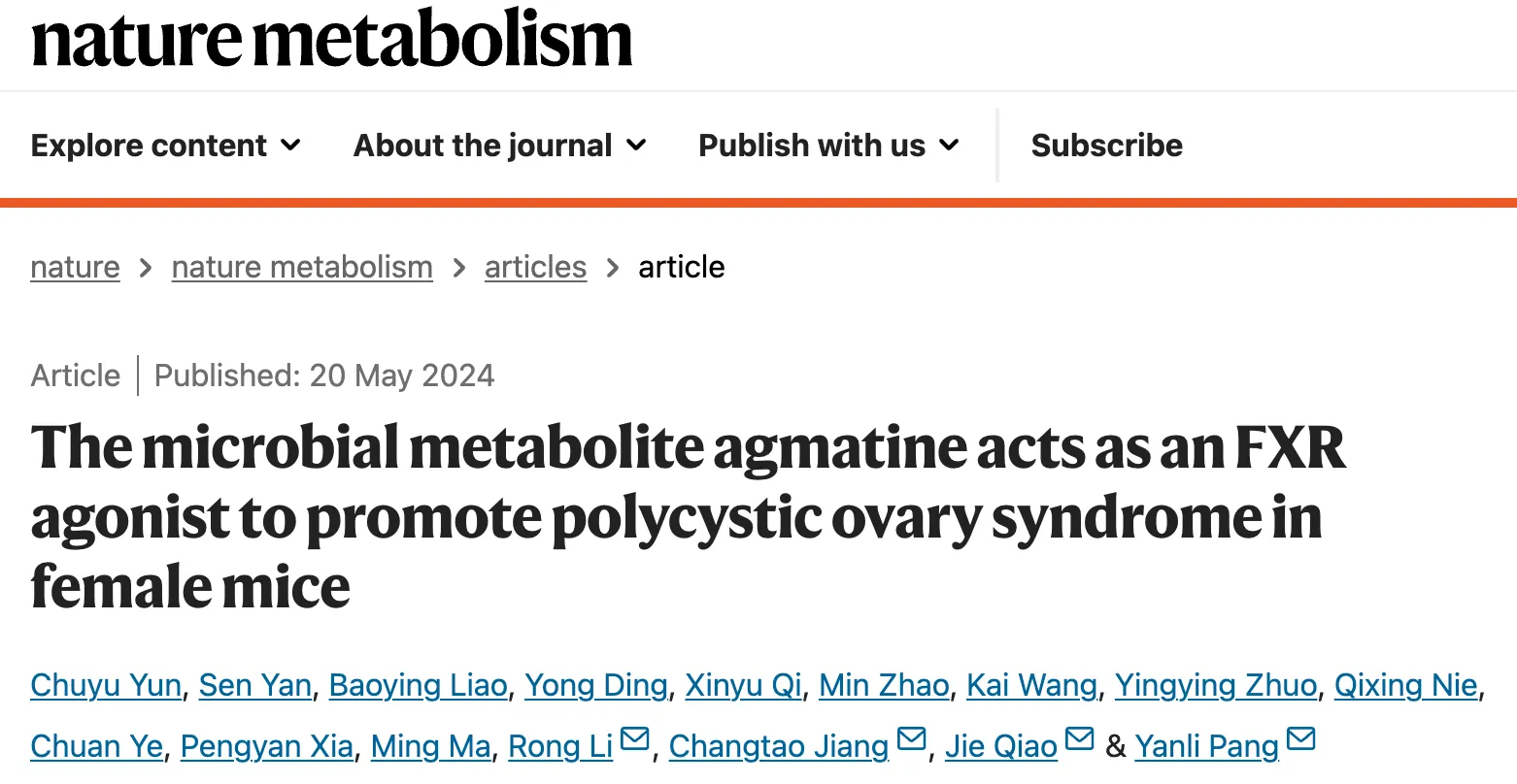 The microbial metabolite agmatine acts as an FXR agonist to promote polycystic ovary syndrome in female mice 研究論文