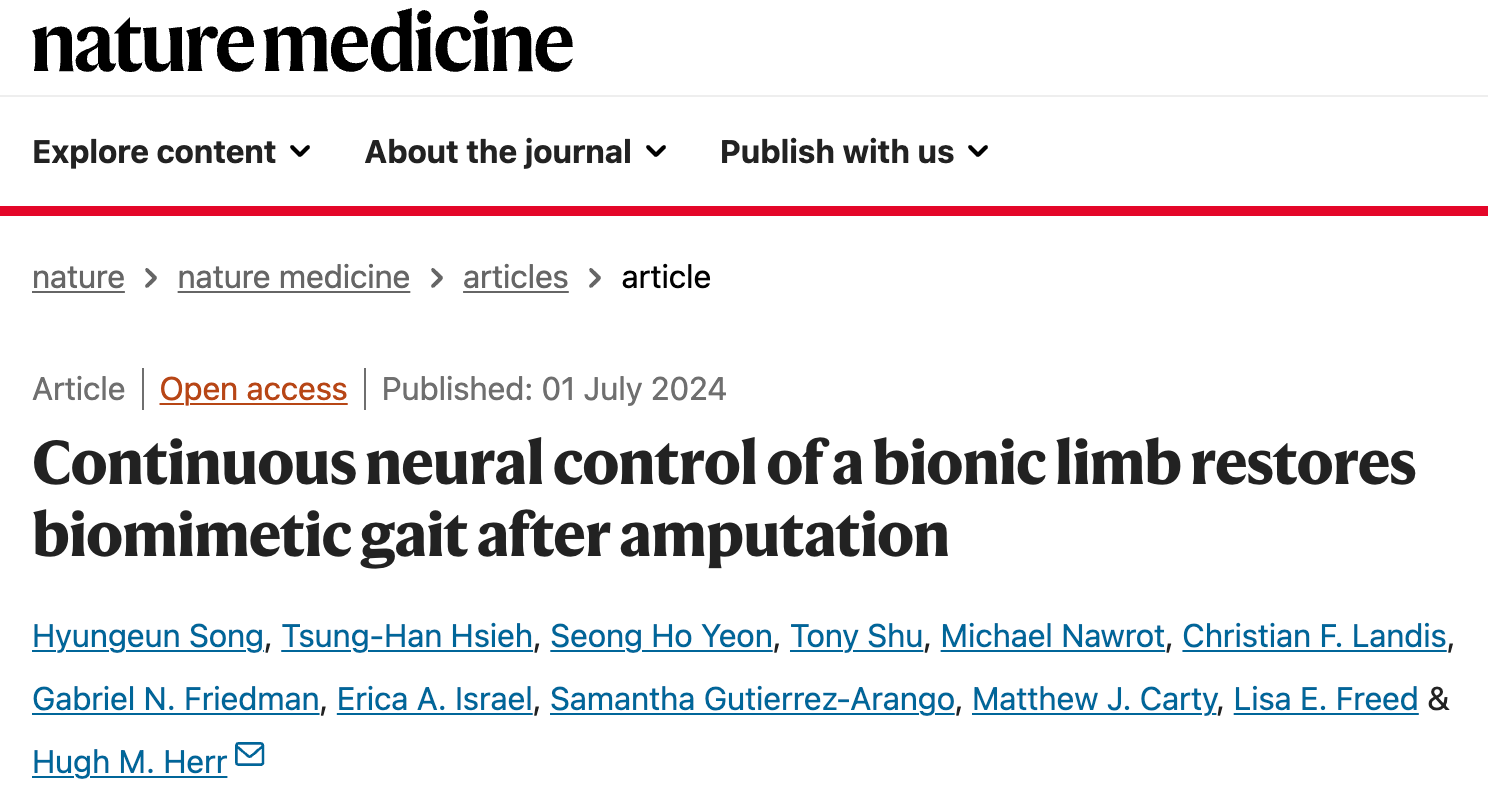 Continuous neural control of a bionic limb restores biomimetic gait after amputation 研究論文