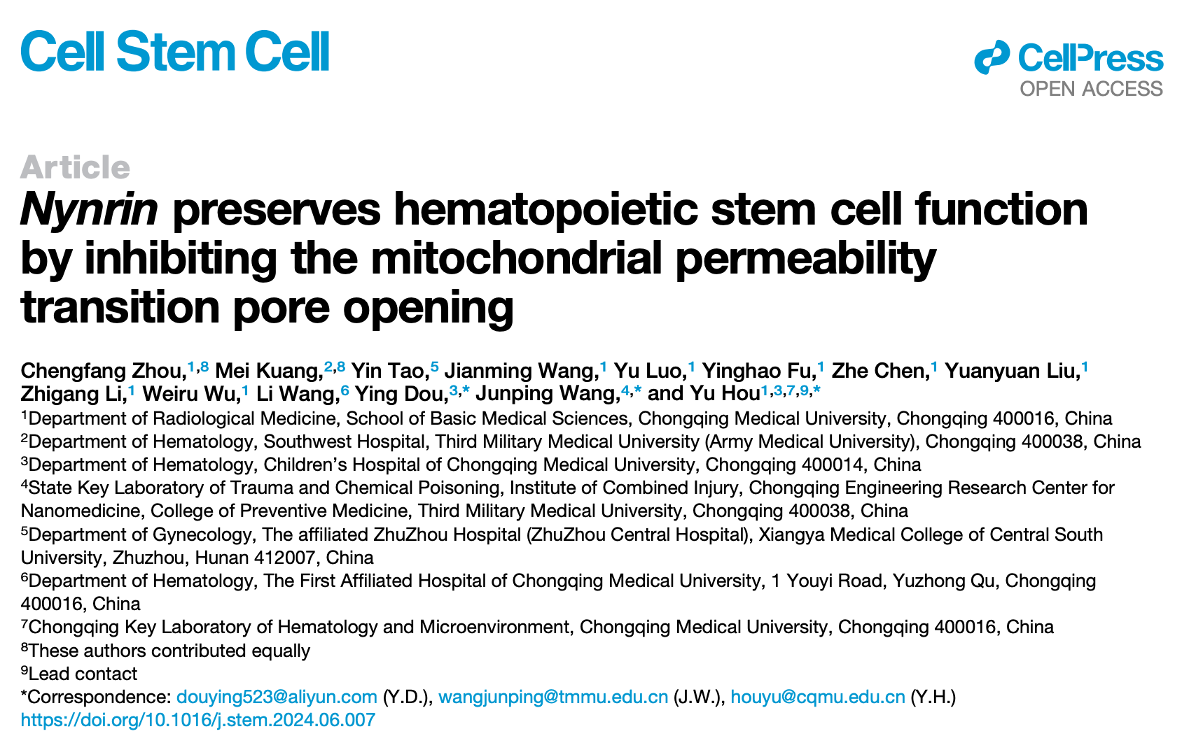 Nynrin preserves hematopoietic stem cell function by inhibiting the mitochondrial permeability transition pore opening 研究論文