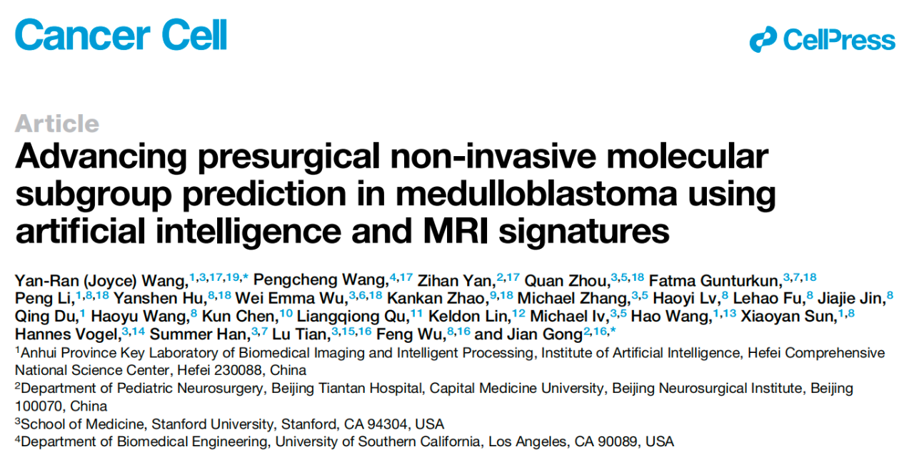 Advancing presurgical non-invasive molecular subgroup prediction in medulloblastoma using artificial intelligence and MRI signatures 研究論文