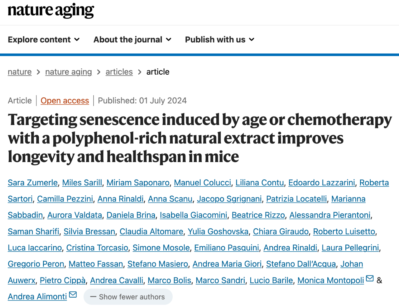 Targeting senescence induced by age or chemotherapy with a polyphenol-rich natural extract improves longevity and healthspan in mice 研究論文