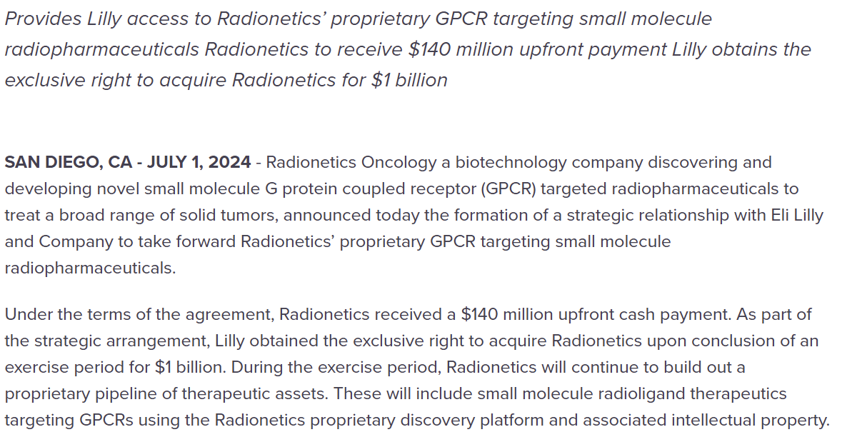 禮來與Radionetics達(dá)成合作，引進(jìn)其小分子GPCR靶向核藥技術(shù)。