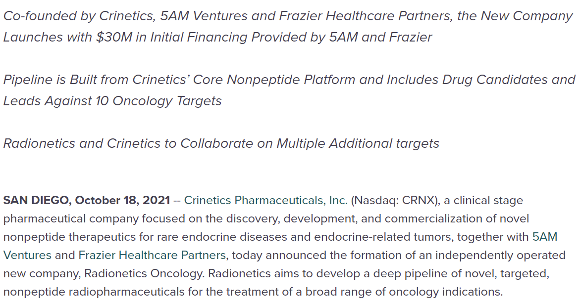 Radionetics Oncology成立于2021年，由Crinetics Pharmaceuticals和幾家美元基金（5AM Ventures、Frazier Healthcare Partners）共同孵化。