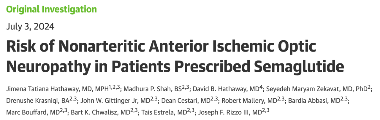 Risk of Nonarteritic Anterior Ischemic Optic Neuropathy in Patients Prescribed Semaglutide 研究論文