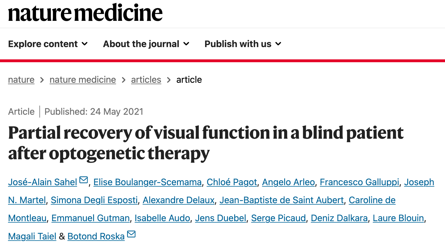 Partial recovery of visual function in a blind patient after optogenetic therapy