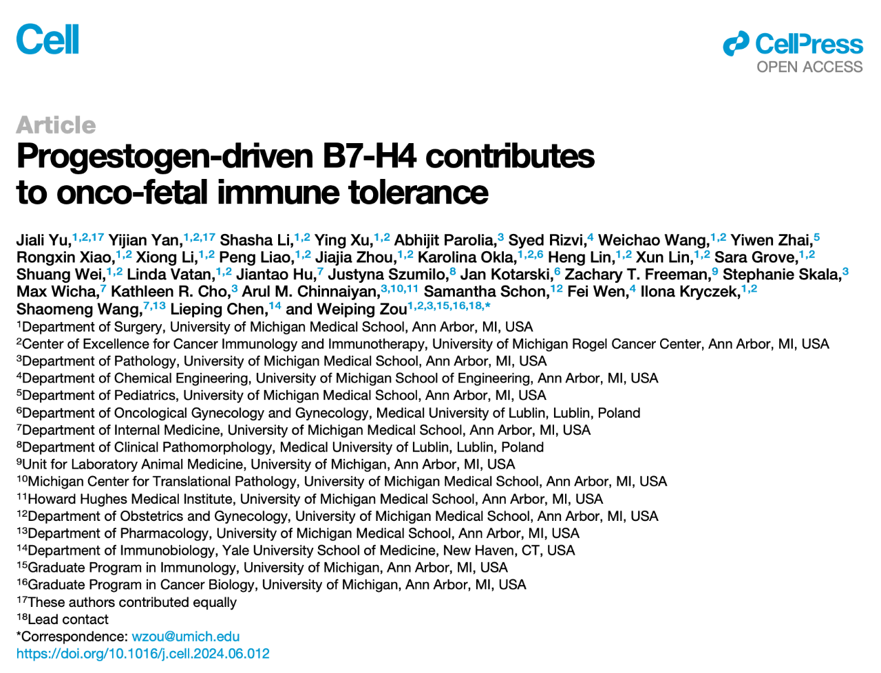 Progestogen-driven B7-H4 contributes to onco-fetal immune tolerance 的研究論文