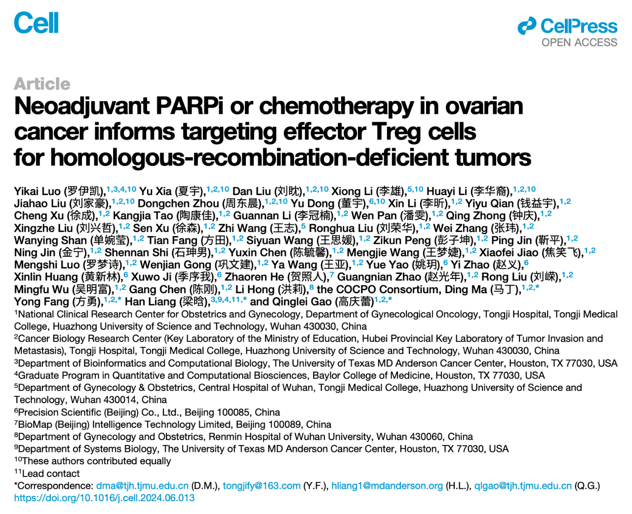 Neoadjuvant PARPi or Chemotherapy in Ovarian Cancer Informs Targeting Effector Treg Cells for Homologous-Recombination-Deficient Tumors 的研究論文