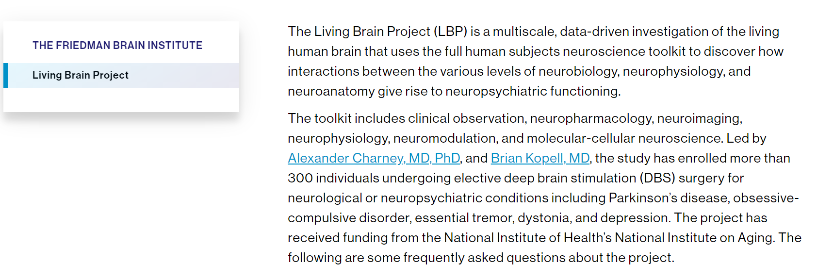 THE FRIEDMAN BRAIN INSTITUTE  Living Brain Project