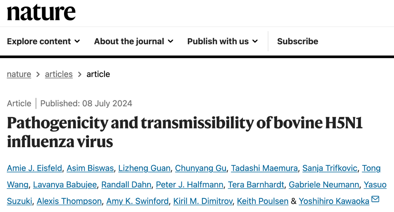 Pathogenicity and transmissibility of bovine H5N1 influenza virus 研究論文