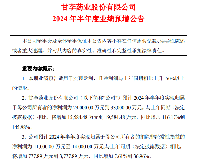 甘李藥業(yè)股份有限公司 2024 年半年度業(yè)績(jī)預(yù)增公告