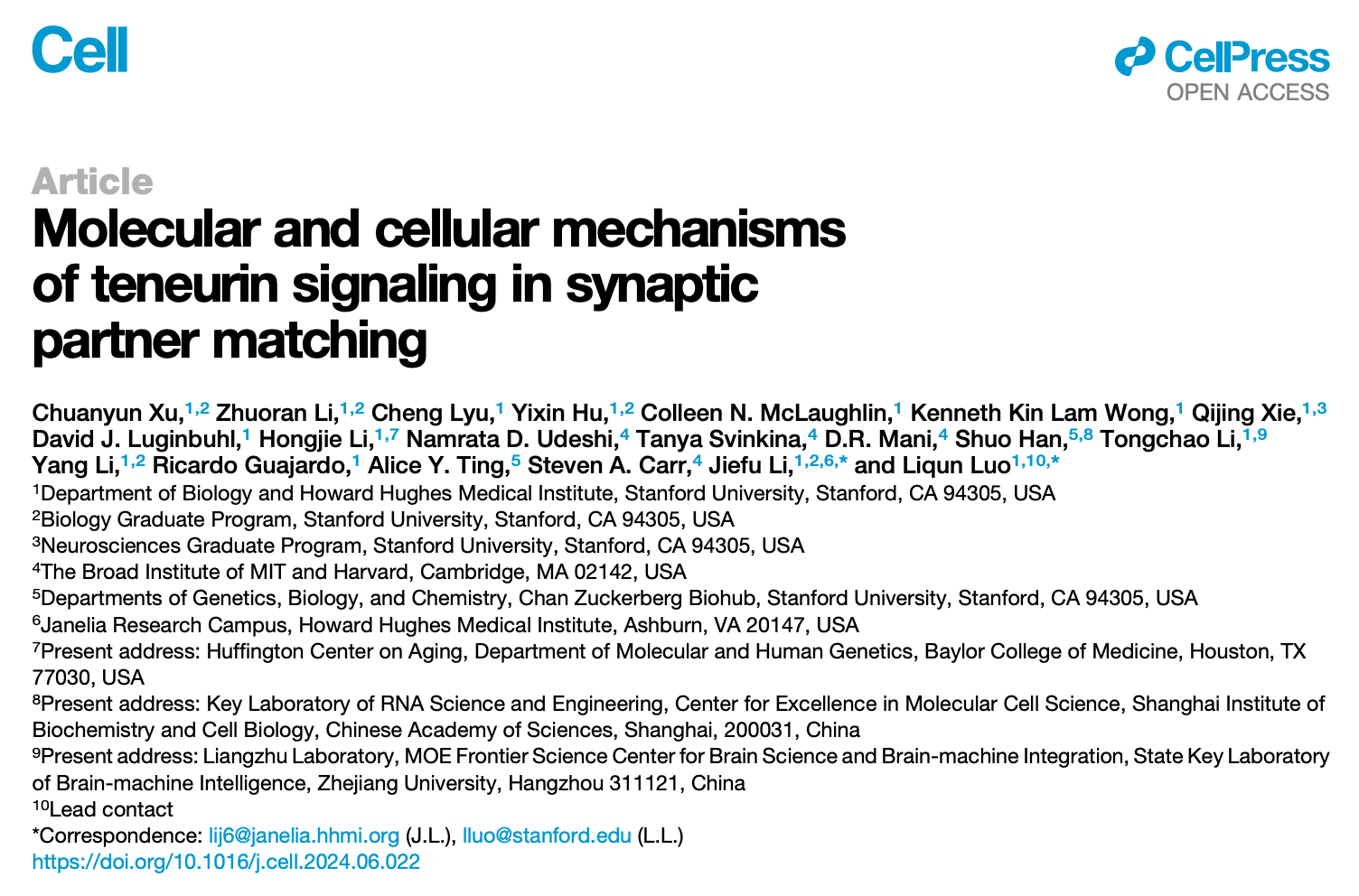 Molecular and Cellular Mechanisms of Teneurin Signaling in Synaptic Partner Matching 研究論文