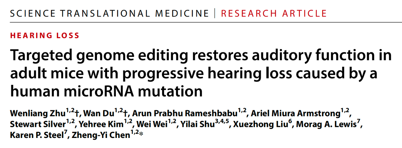 Targeted genome editing restores auditory function in adult mice with progressive hearing loss caused by a human microRNA mutation 研究論文