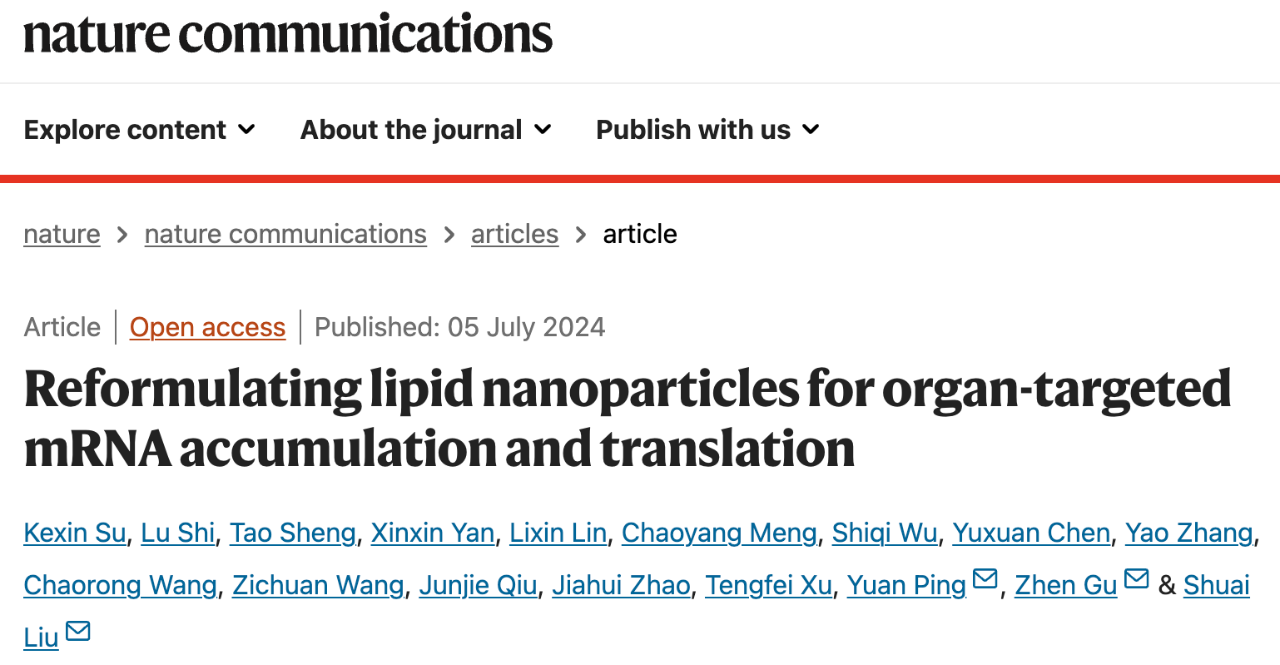 Reformulating lipid nanoparticles for organ-targeted mRNA accumulation and translation 研究論文