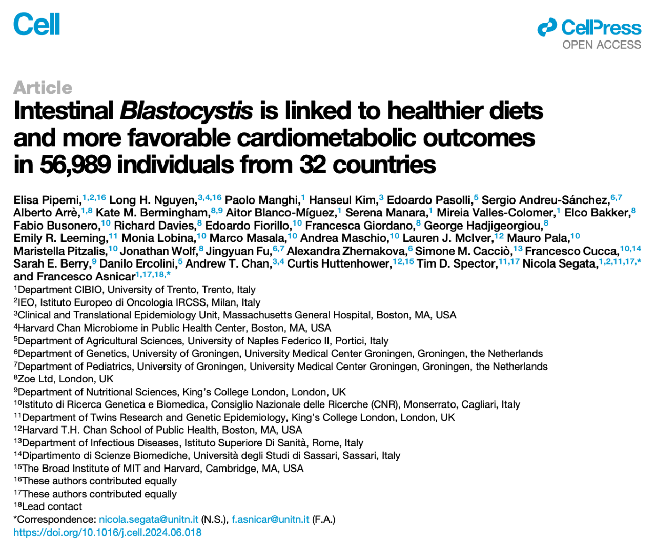 Intestinal Blastocystis is linked to healthier diets and more favorable cardiometabolic outcomes in 56,989 individuals from 32 countries 研究論文