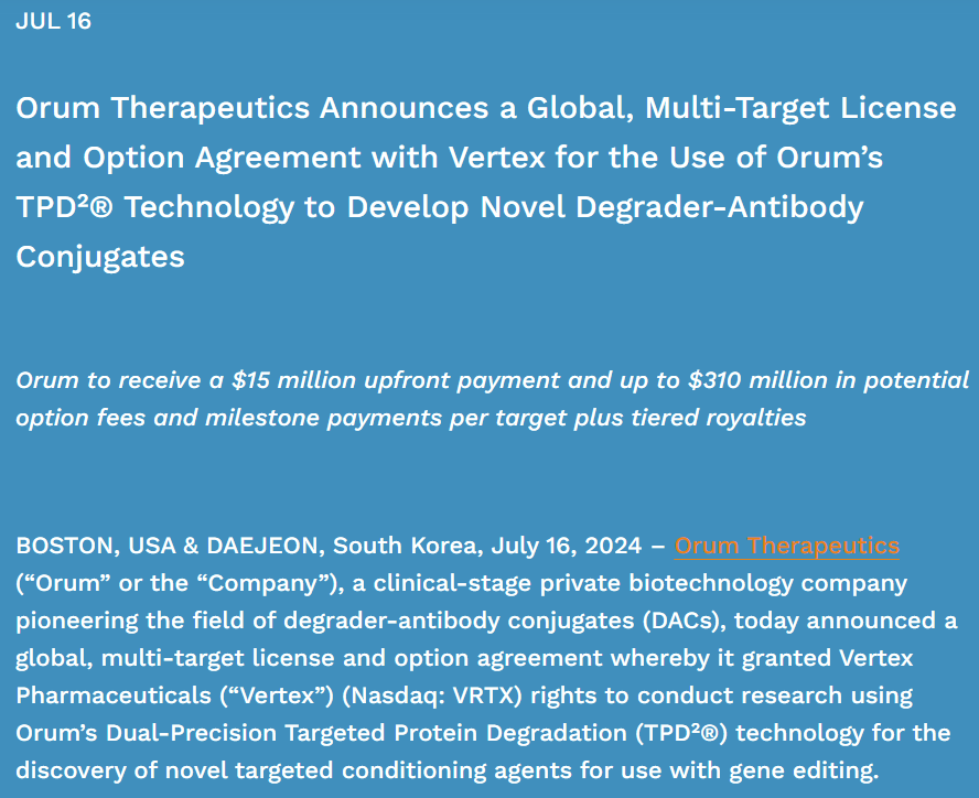 Orum Therapeutics宣布與Vertex達成合作協(xié)議