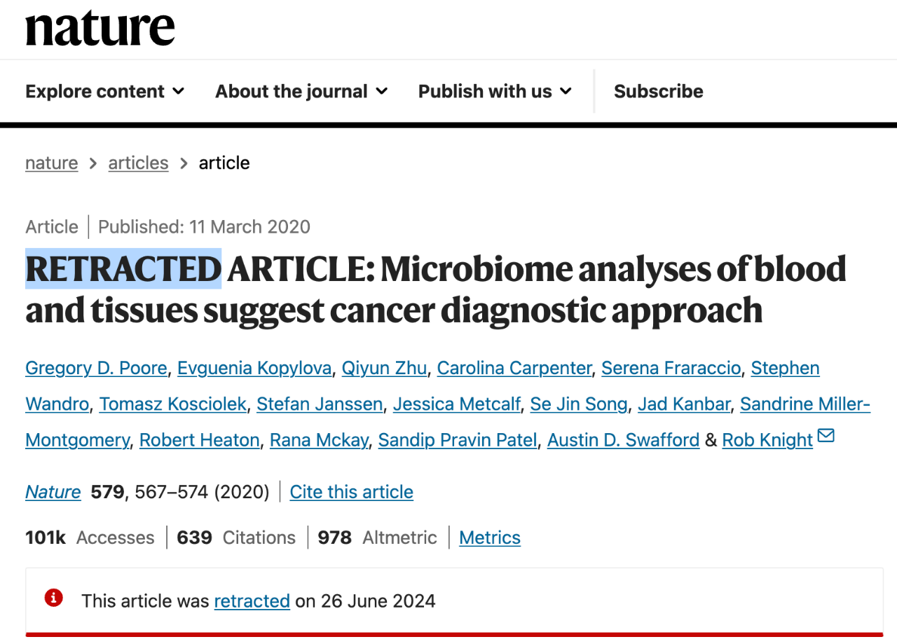 Microbiome analyses of blood and tissues suggest cancer diagnostic approach 研究論文