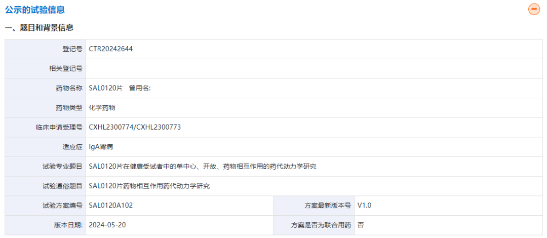 SAL0120片公示的一項Ⅰ期臨床試驗信息