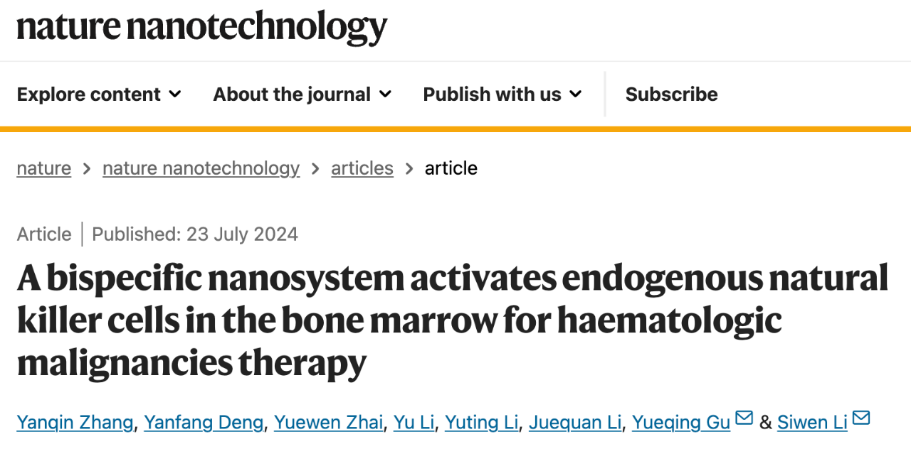 A bispecific nanosystem activates endogenous natural killer cells in the bone marrow for haematologic malignancies therapy研究论文