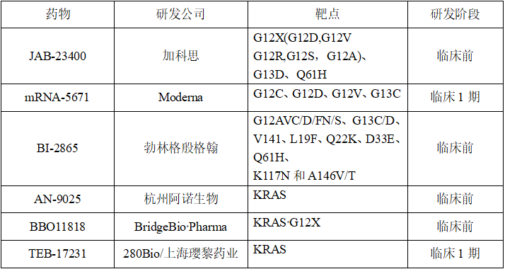 表1 全球針對(duì)多個(gè)KRAS突變的泛KRAS抑制劑在研管線