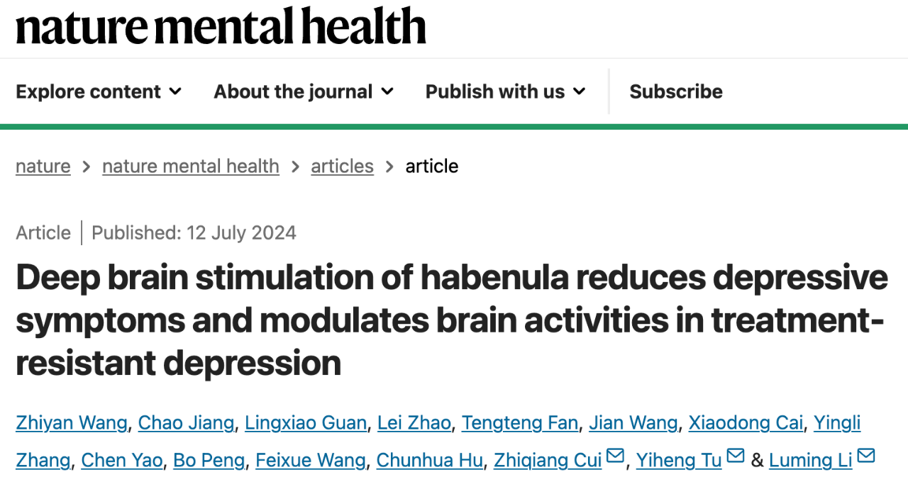 Deep brain stimulation of habenula reduces depressive symptoms and modulates brain activities in treatment-resistant depression 研究論文