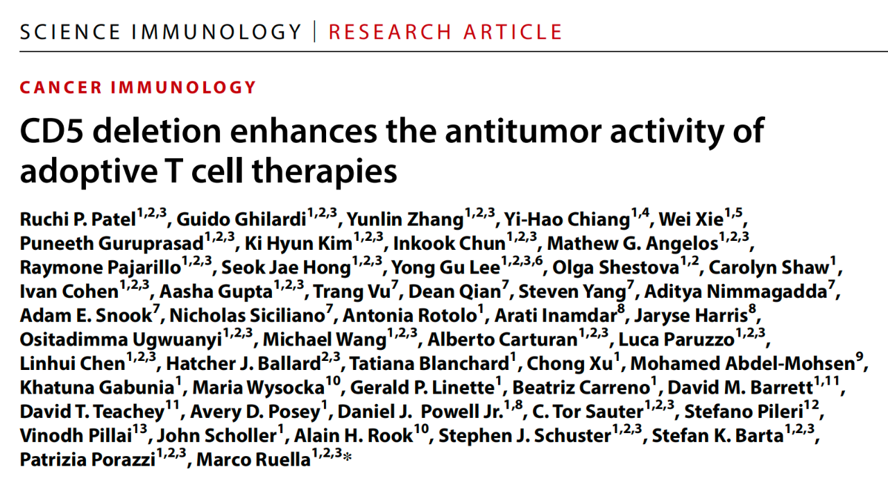 CD5 deletion enhances the antitumor activity of adoptive T cell therapies 研究論文