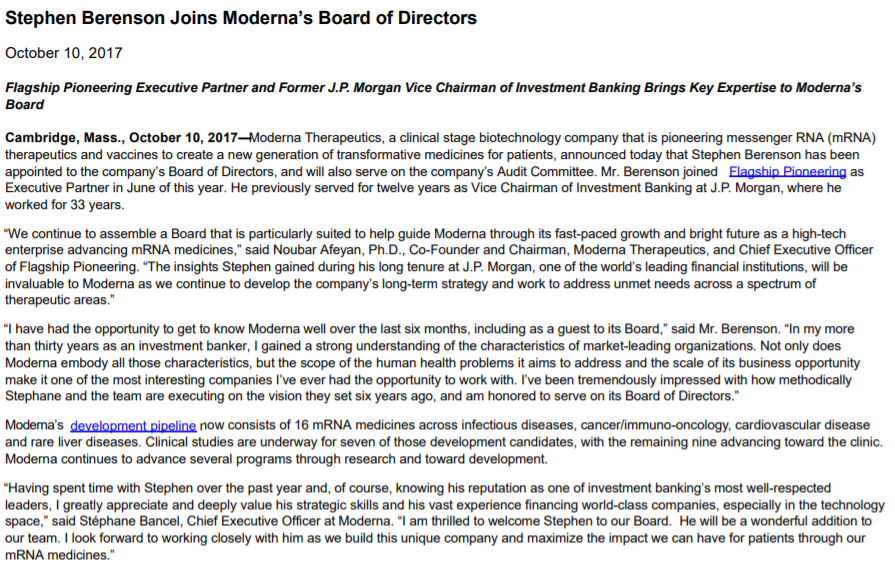 Stephen Berenson Joins Moderna's Board of Directors