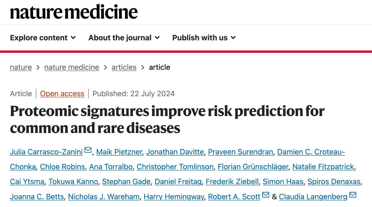 Proteomic signatures improve risk prediction for common and rare diseases研究論文