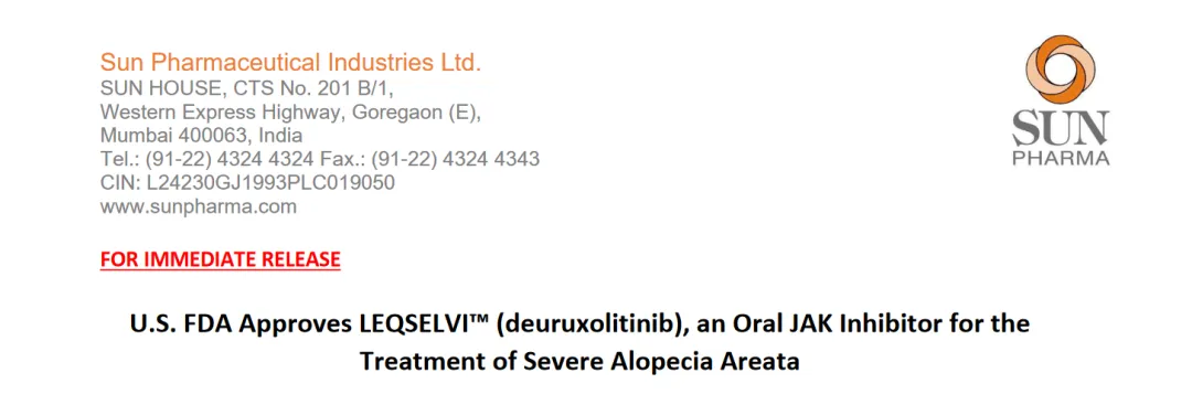 印度藥企太陽(yáng)制藥（Sun Pharmaceutical）宣布，Deuruxolitinib（商品名：Leqselvi）（規(guī)格：8mg）獲FDA批準(zhǔn)上市