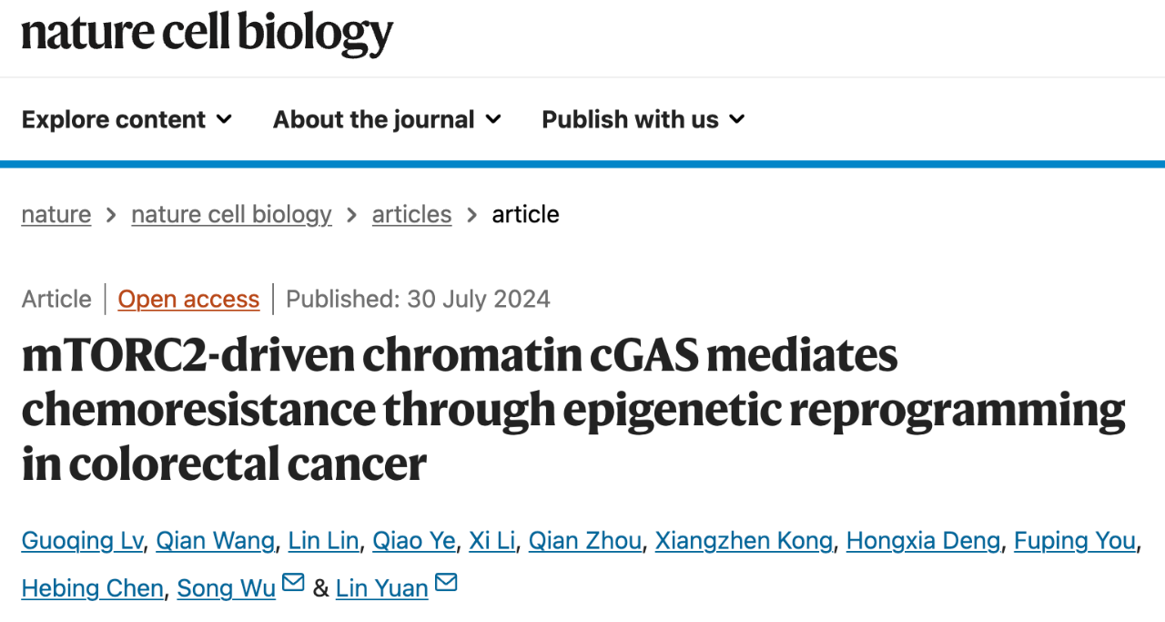 mTORC2-driven chromatin cGAS mediates chemoresistance through epigenetic reprogramming in colorectal cancer 研究論文