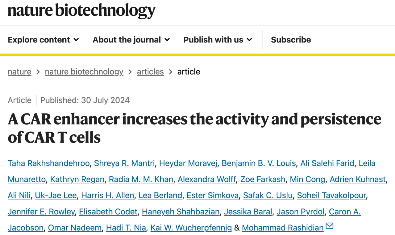 A CAR enhancer increases the activity and persistence of CAR T cells 研究論文