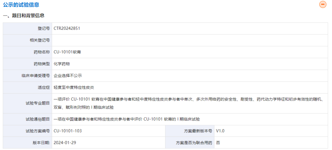 科笛集團(tuán)在藥物臨床試驗登記與信息公示平臺上登記了CU-10101軟膏的一項Ⅰ期臨床試驗