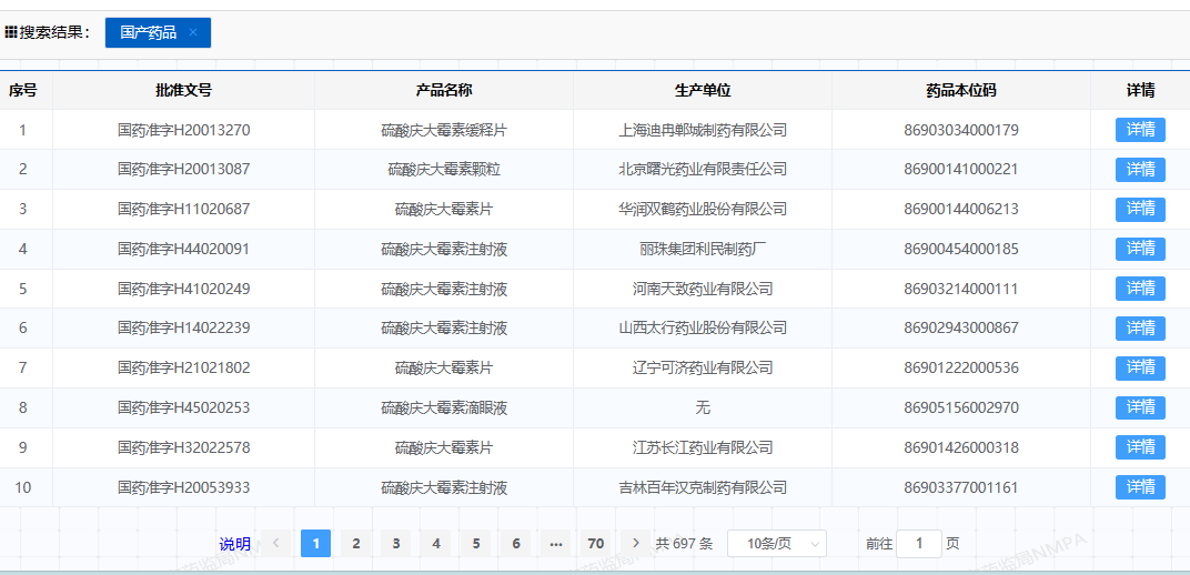 國家CFDA官網(wǎng)藥品查詢頁碼截圖