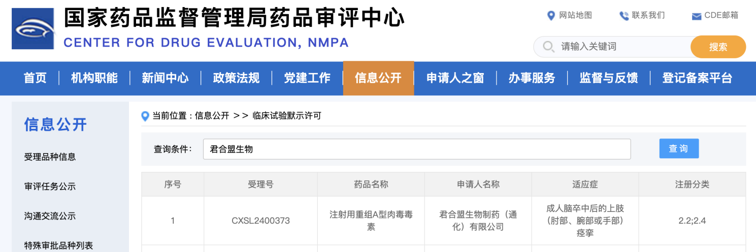 君合盟生物重組A型肉毒毒素新適應(yīng)癥獲批臨床