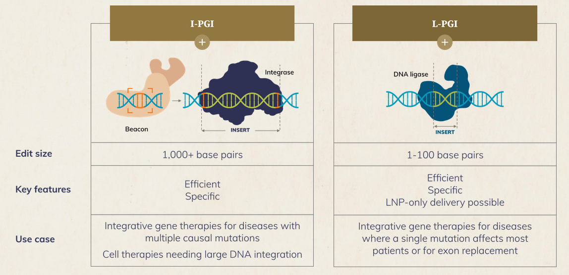 Tome Biosciences開發(fā)了兩種PGI技術(shù)：整合酶介導(dǎo)的PGI（I-PGI）和連接酶介導(dǎo)的PGI（L-PGI）