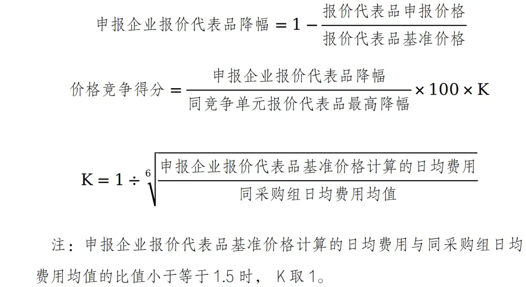 “價格競爭得分=申報企業(yè)報價代表品降幅/同競爭單元報價代表品最高降幅×100×K”