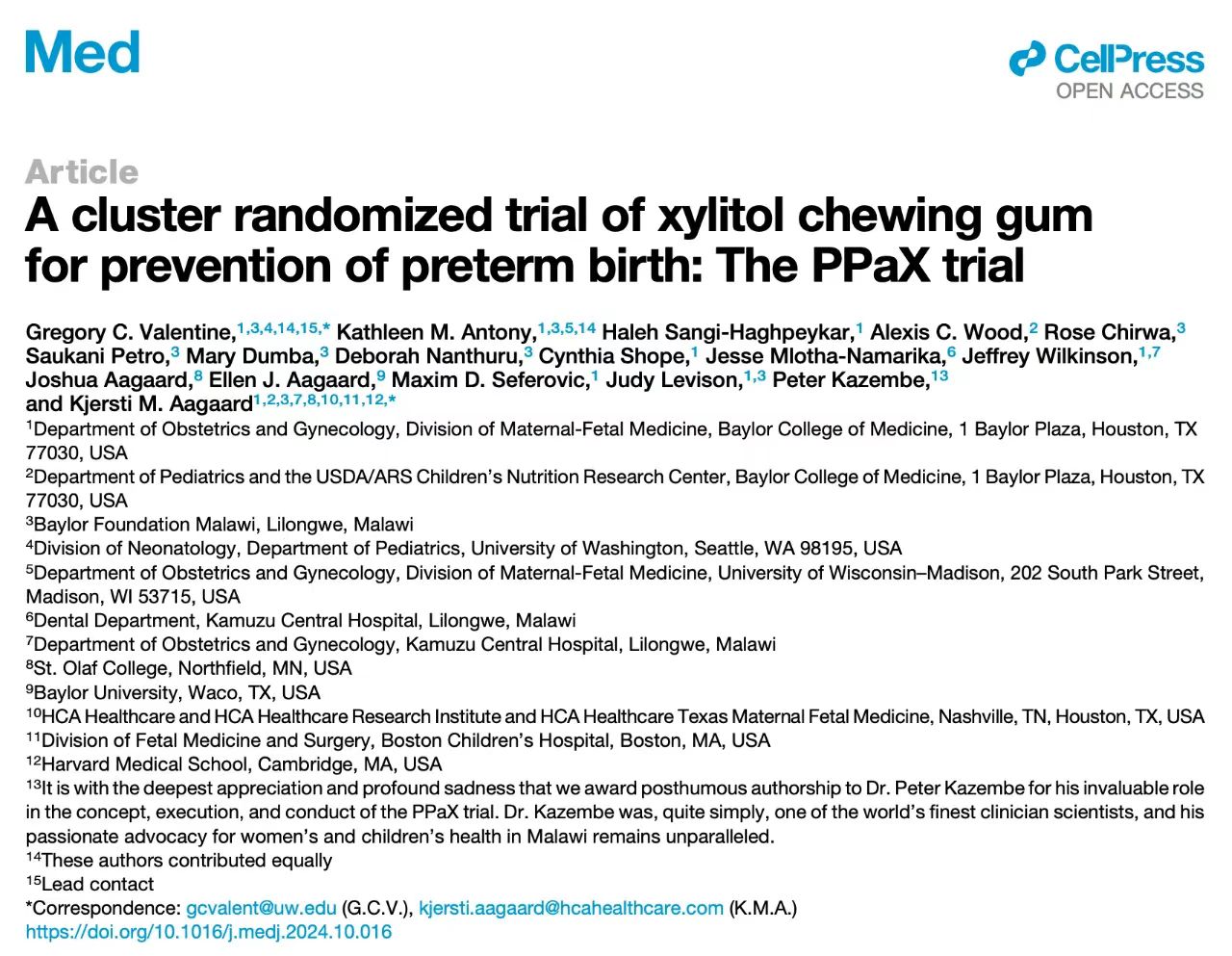 A cluster randomized trial of xylitol chewing gumfor prevention of preterm birth: The PPaX trial