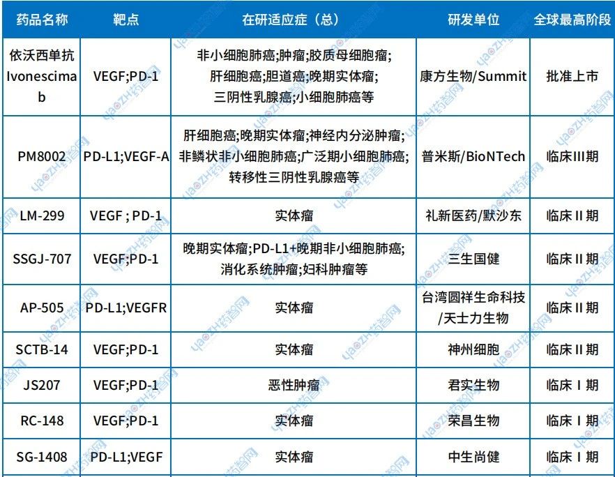 表2 臨床階段在研PD-(L)1/VEGF雙抗