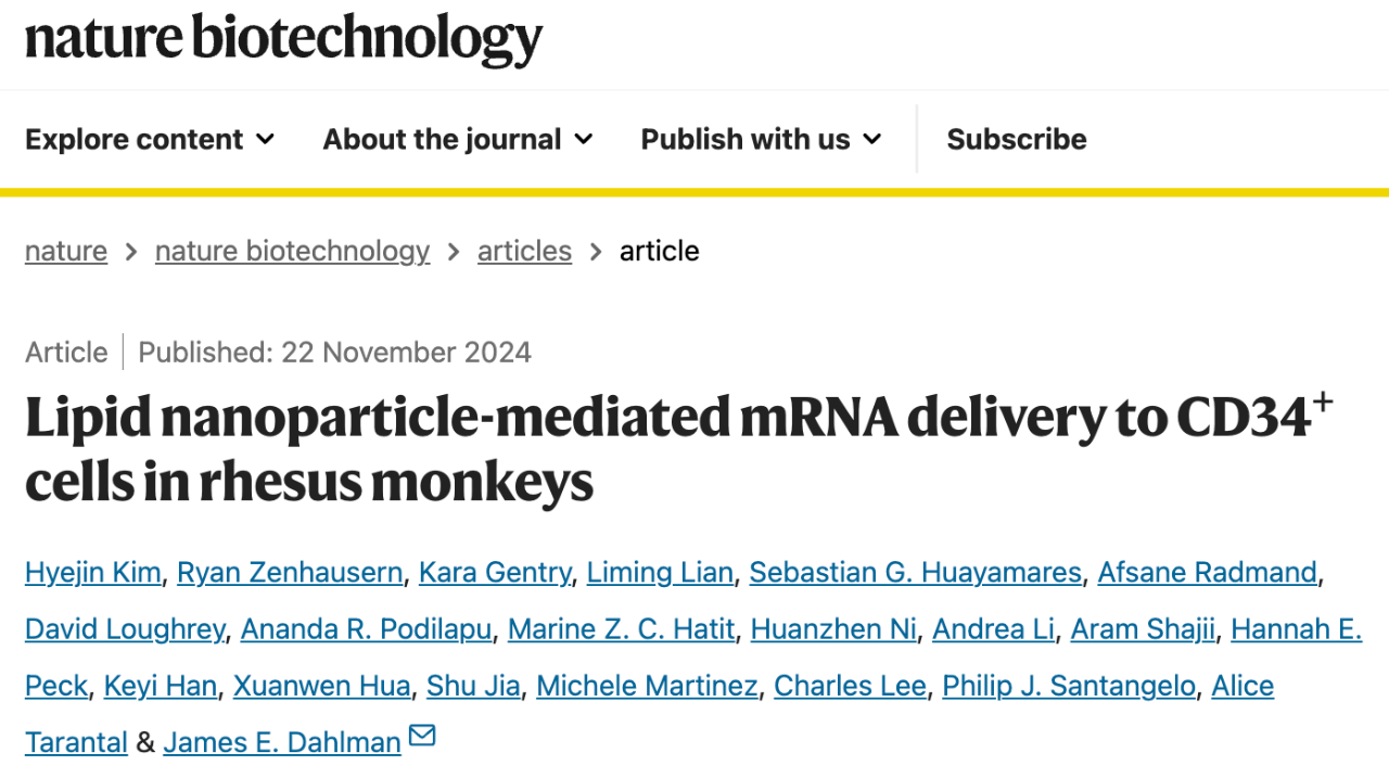 Lipid nanoparticle-mediated mRNA delivery to CD34+ cells in rhesus monkeys