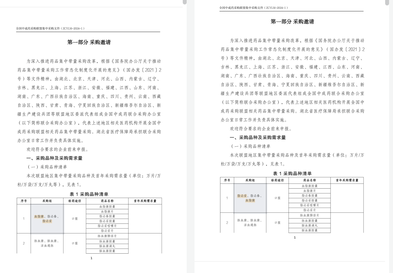 兩版《全國中成藥采購聯(lián)盟集中采購文件（征求意見稿）》；注：左邊為最新文件